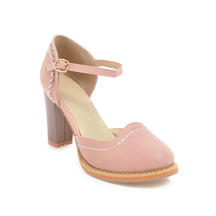 Women's Round Toe Ankle Strap Chunky Heel Sandals T Strap Flat Sandals