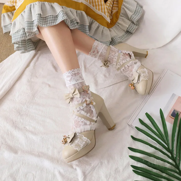 Women's Lolita Lace Butterfly Knot Pearl Chunky Heel PPlatform Sandals Formal Flat Sandals