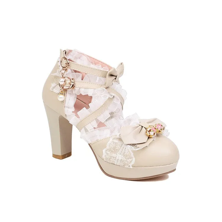 Sandals Barbados Hotel Women's Lolita Lace Butterfly Knot Pearl Chunky Heel PPlatform Sandals