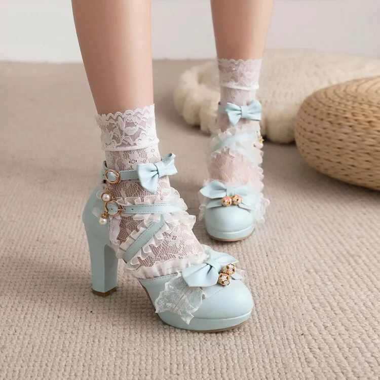 Women's Lolita Lace Butterfly Knot Pearl Chunky Heel PPlatform Sandals Beeks Sandals