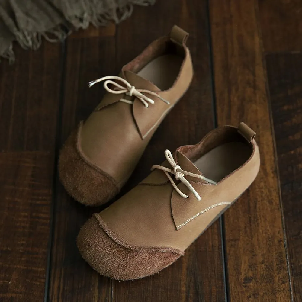 Women Loafers Calf Leather Lace-Up Breathable Casual Flat Shoes Coffee/Apricot Striped Oxford Shirt