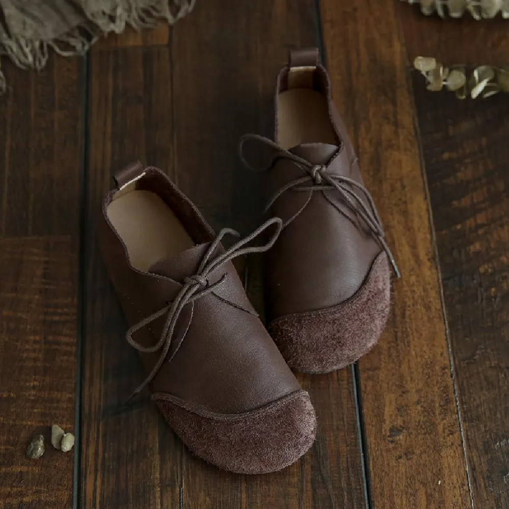 Women Loafers Calf Leather Lace-Up Breathable Casual Flat Shoes Coffee/Apricot øriginalgrand Platform Monk Strap C