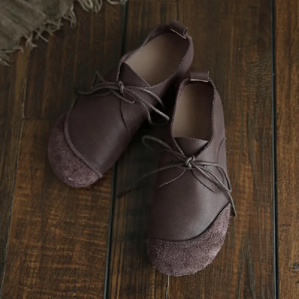 Trustee Leather Oxfords Women Loafers Calf Leather Lace-Up Breathable Casual Flat Shoes Coffee/Apricot