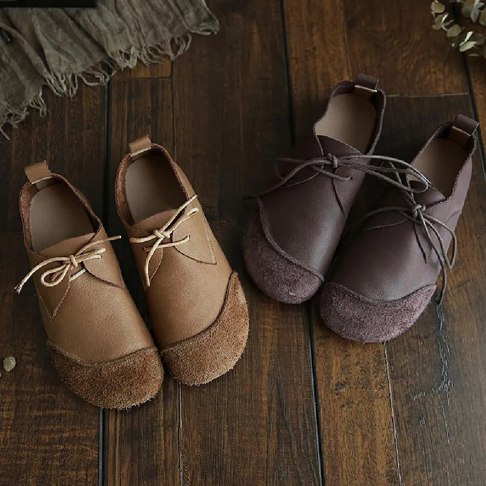 Women Loafers Calf Leather Lace-Up Breathable Casual Flat Shoes Coffee/Apricot Lugz Oxfords