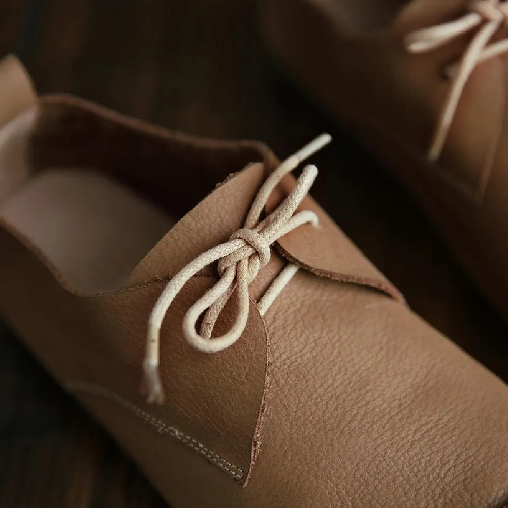 Women Loafers Calf Leather Lace-Up Breathable Casual Flat Shoes Coffee/Apricot Slip On Oxfords