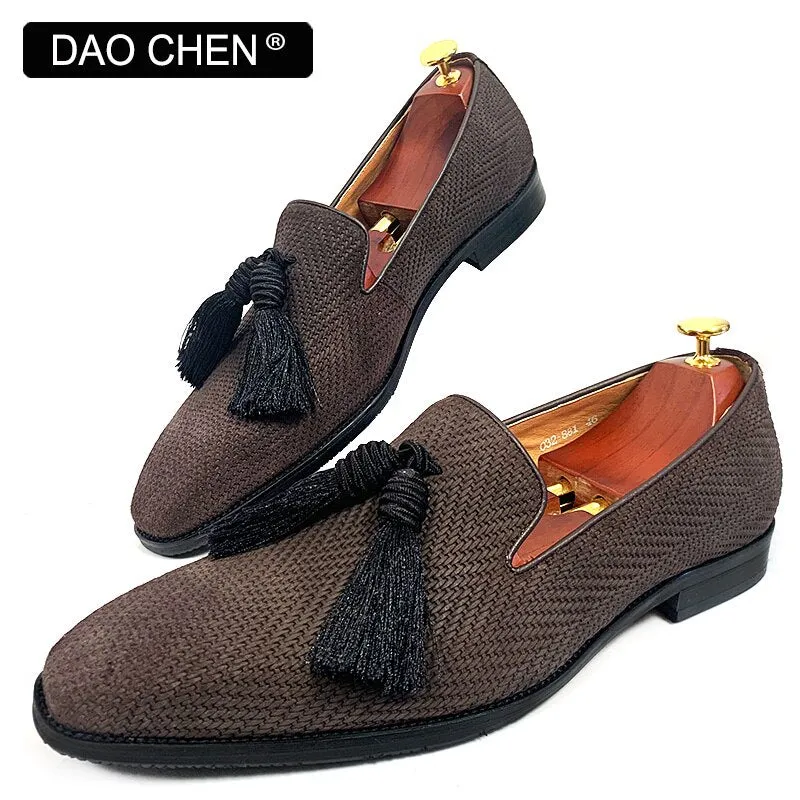 SUEDE BLACK TASSEL SHOES SLIP ON MENS DRESS SHOES Worn Out Loafers