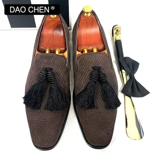SUEDE BLACK TASSEL SHOES SLIP ON MENS DRESS SHOES Picture Of Penny Loafers