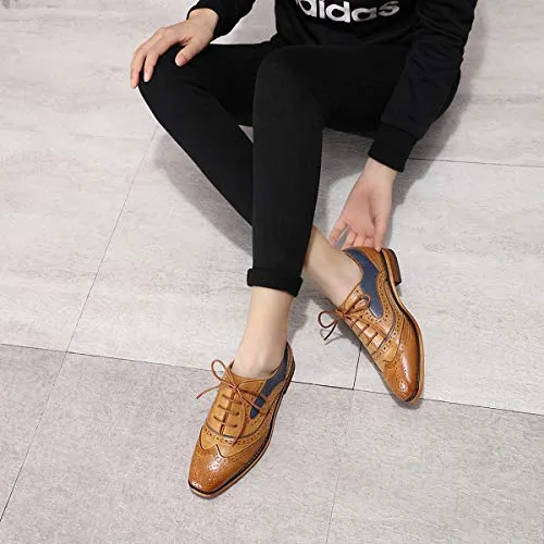 MIKCON Womens Leather Oxfords Stylish Perforated Wingtips Brogues Flats lace-up Oxfords Shoes for Women Ladies Girls Park Avenue Cap-toe Oxford Dress Shoe