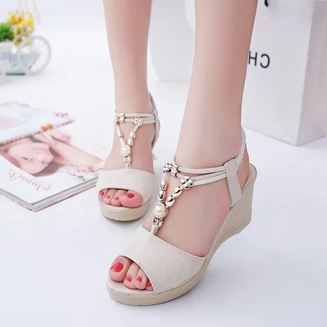 Summer Women Gladiator Sandals Wedges High Heel Platform Laides Shoes Peep Toe String Beads Casual Female Zapatos De Mujer Nassau Bahamas Sandals Royal Bahamian Resort