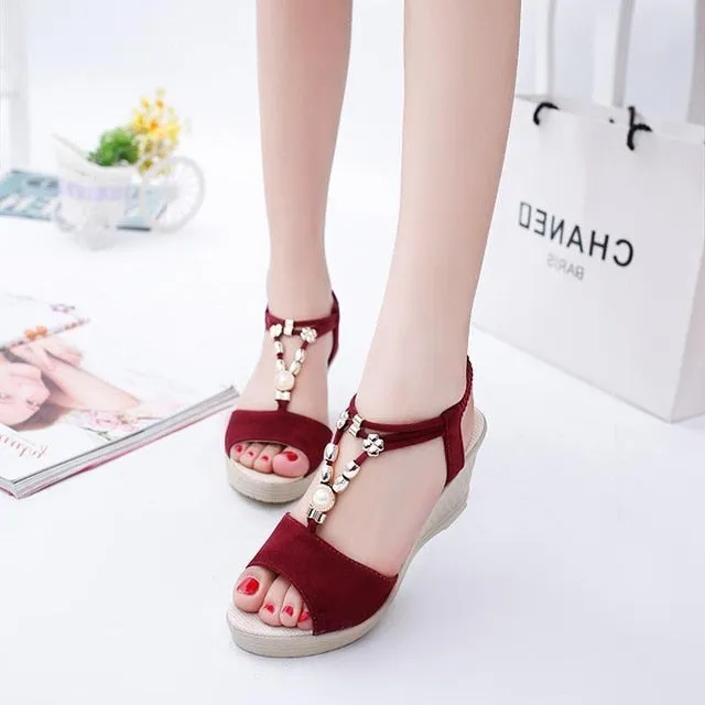Best Sandals Jamaica Resort Summer Women Gladiator Sandals Wedges High Heel Platform Laides Shoes Peep Toe String Beads Casual Female Zapatos De Mujer
