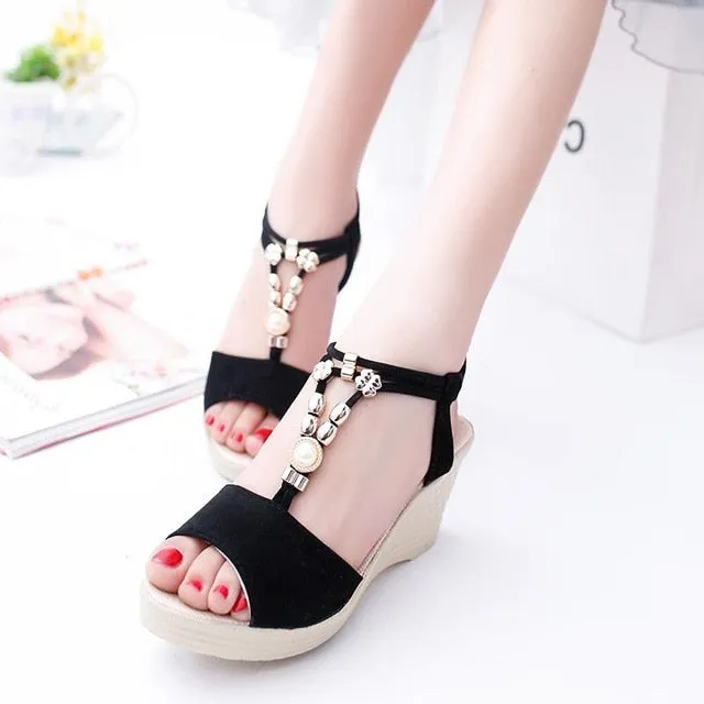 Cowboy Boot Sandals Summer Women Gladiator Sandals Wedges High Heel Platform Laides Shoes Peep Toe String Beads Casual Female Zapatos De Mujer