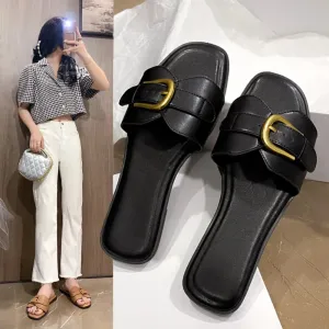Slide Sale Summer Women Slippers Leather Square Toe Women Flats Flip Flops Designer Ladies Slides Sandals Women Shoes Luxury Sandals