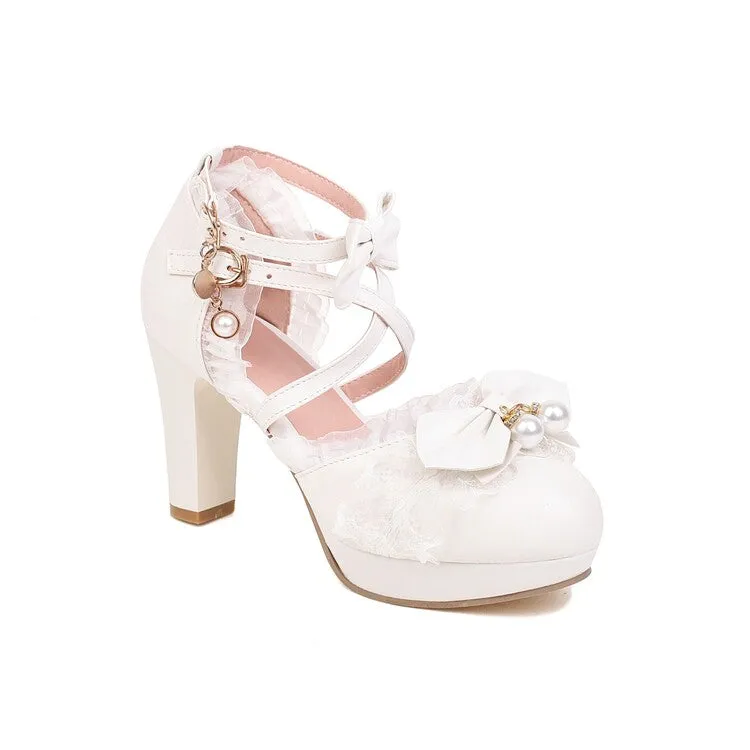 Blaire Sandals Women's Lolita Pearls Lace Butterfly Knot Chunky Heel Platform Sandals