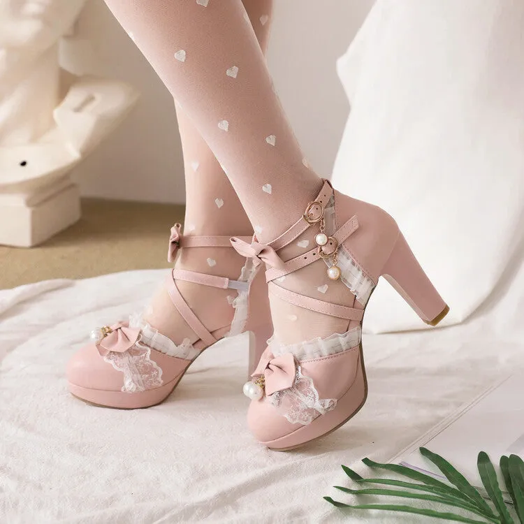Sandals And Beaches App Women's Lolita Pearls Lace Butterfly Knot Chunky Heel Platform Sandals