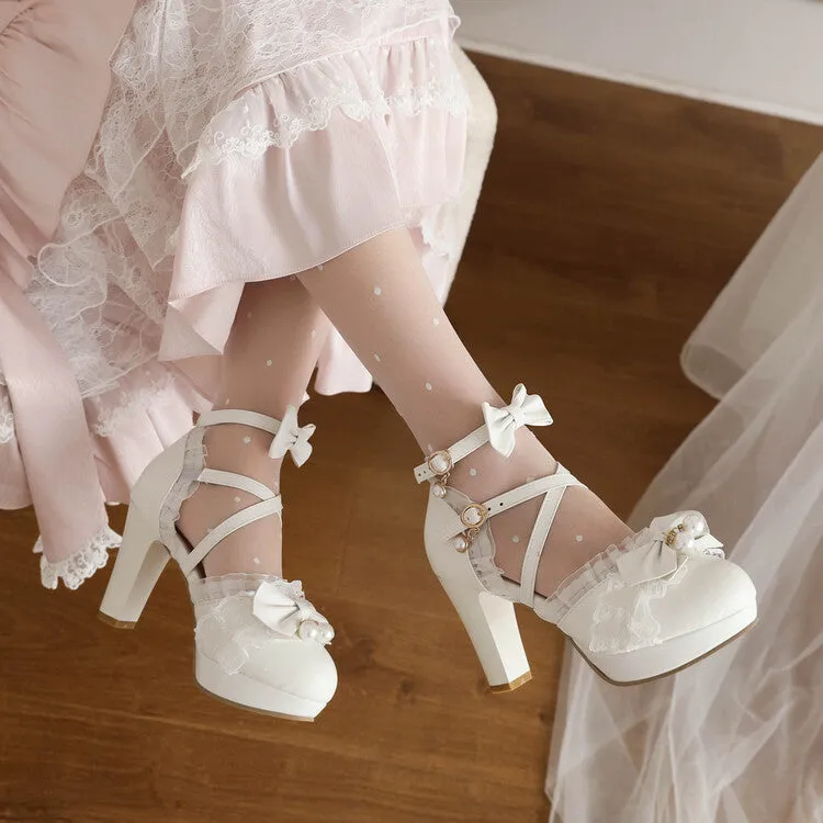 Women's Lolita Pearls Lace Butterfly Knot Chunky Heel Platform Sandals Cute Sandals Comfortable