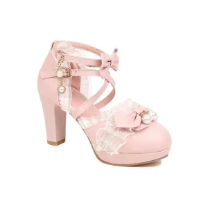 Barefoot Shoes Sandals Women's Lolita Pearls Lace Butterfly Knot Chunky Heel Platform Sandals