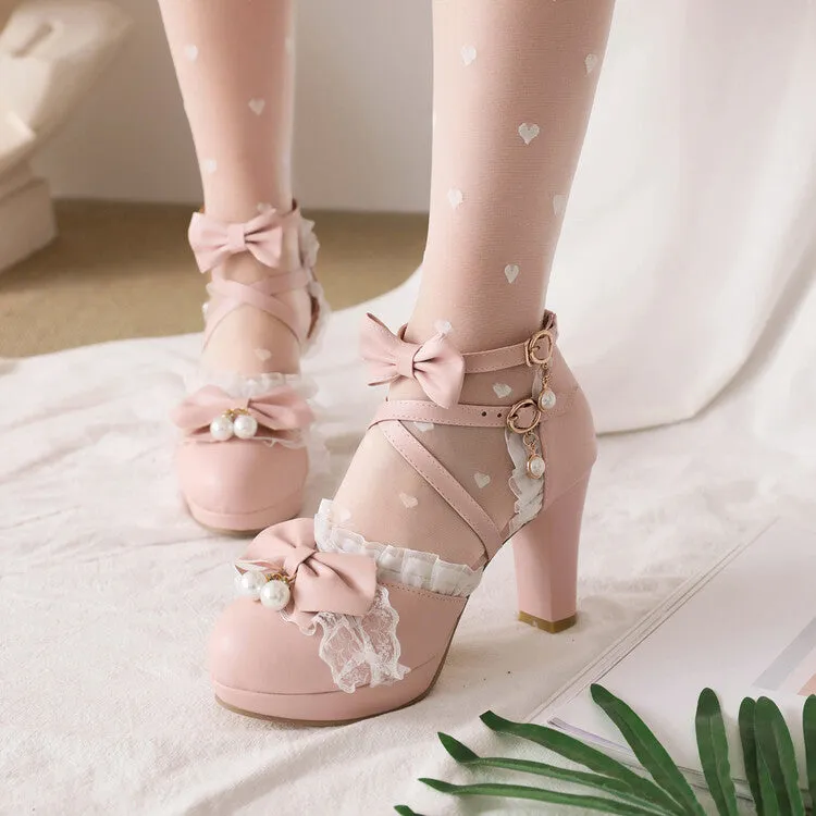 Best Sandals For Walking Women's Lolita Pearls Lace Butterfly Knot Chunky Heel Platform Sandals