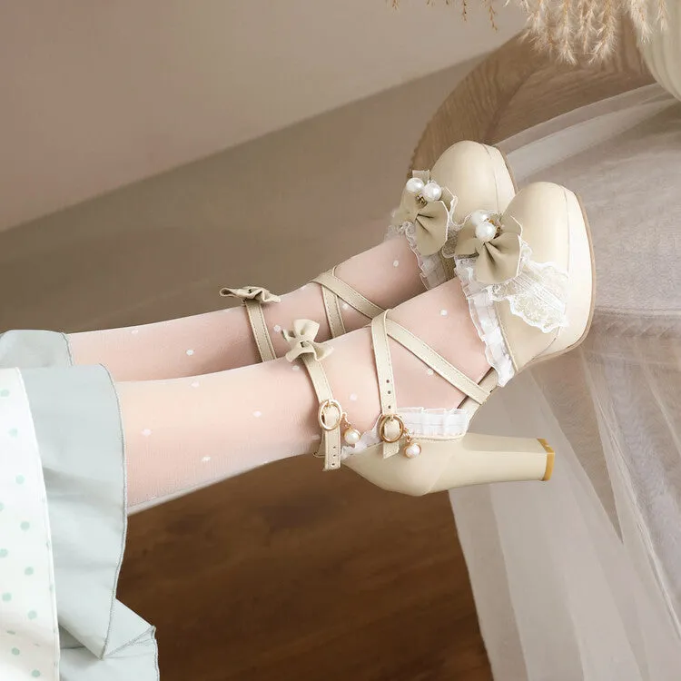 Women's Lolita Pearls Lace Butterfly Knot Chunky Heel Platform Sandals Jelly Shoes Sandals