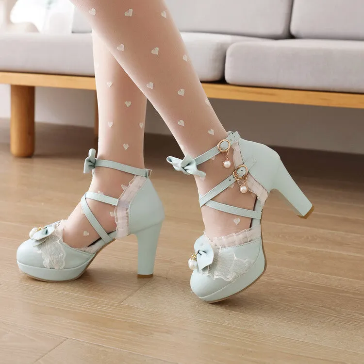 Women's Lolita Pearls Lace Butterfly Knot Chunky Heel Platform Sandals Dance Sandals