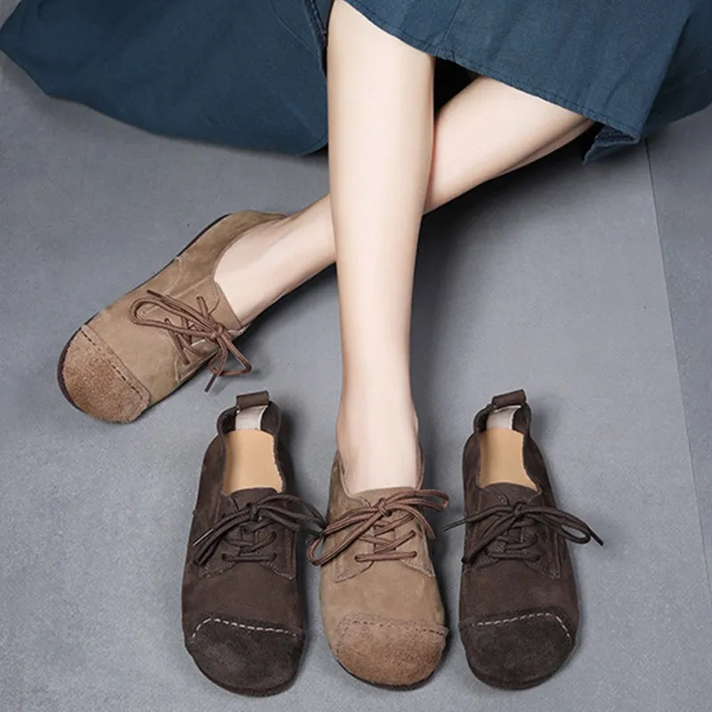 Mori Girl Style Handmade Soft Leather Lace Up Flats Barefoot Shoes in Camel/Coffee Agl Oxfords
