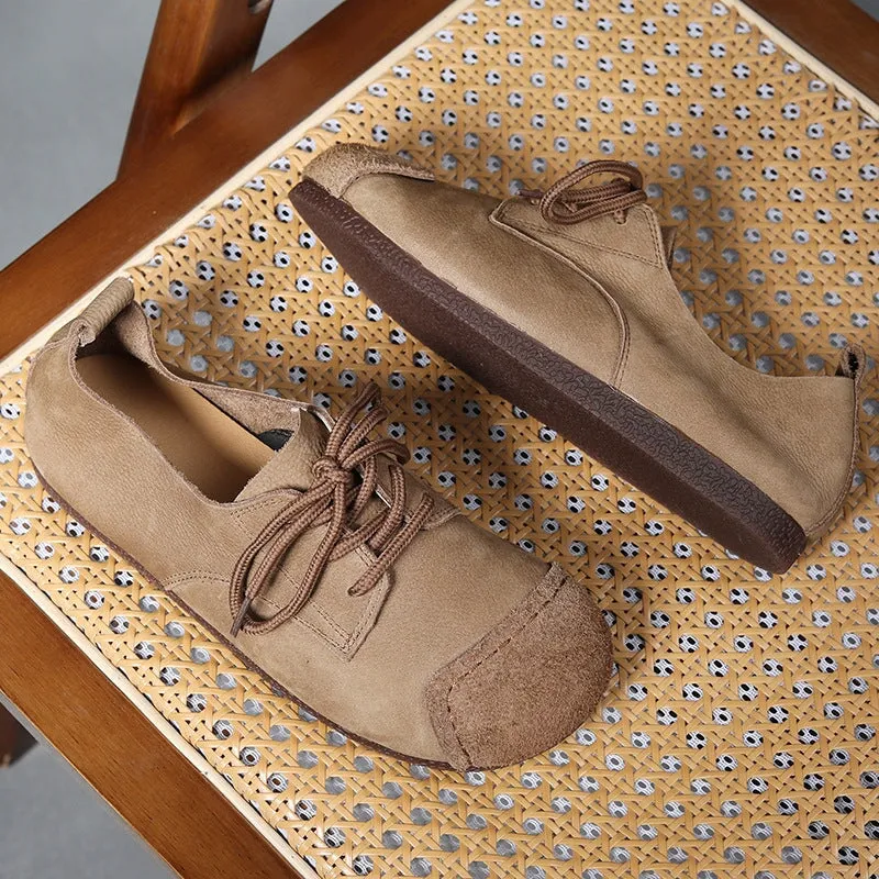 Retro Oxford Shoes Mori Girl Style Handmade Soft Leather Lace Up Flats Barefoot Shoes in Camel/Coffee