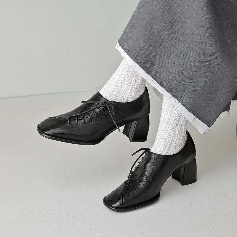 Diamond Slip On Oxfords Slouchy Style Sheepskin Square Toe Oxford Tie Shoes For Women in Black/Coffee