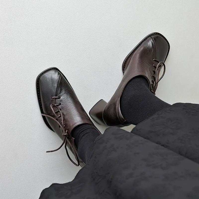 Perforated Oxfords Slouchy Style Sheepskin Square Toe Oxford Tie Shoes For Women in Black/Coffee