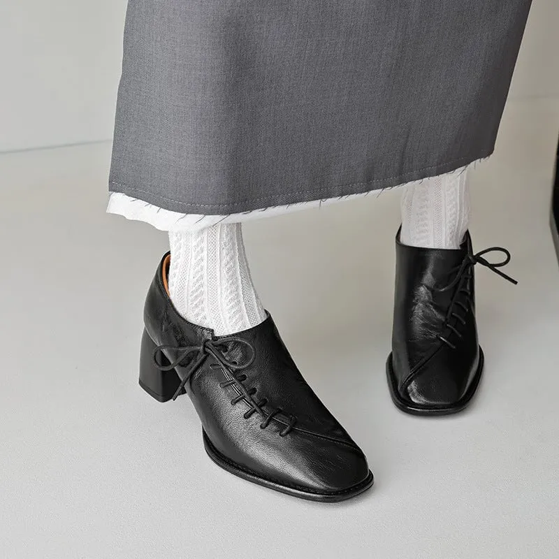 Slouchy Style Sheepskin Square Toe Oxford Tie Shoes For Women in Black/Coffee Casual Shoes