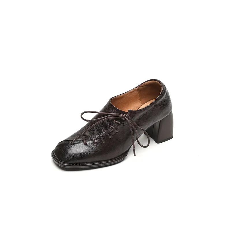 Hologram Oxfords Slouchy Style Sheepskin Square Toe Oxford Tie Shoes For Women in Black/Coffee