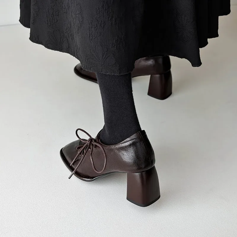 Motion Leather Oxfords Slouchy Style Sheepskin Square Toe Oxford Tie Shoes For Women in Black/Coffee