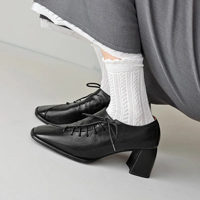 Oxford Cloth Slouchy Style Sheepskin Square Toe Oxford Tie Shoes For Women in Black/Coffee