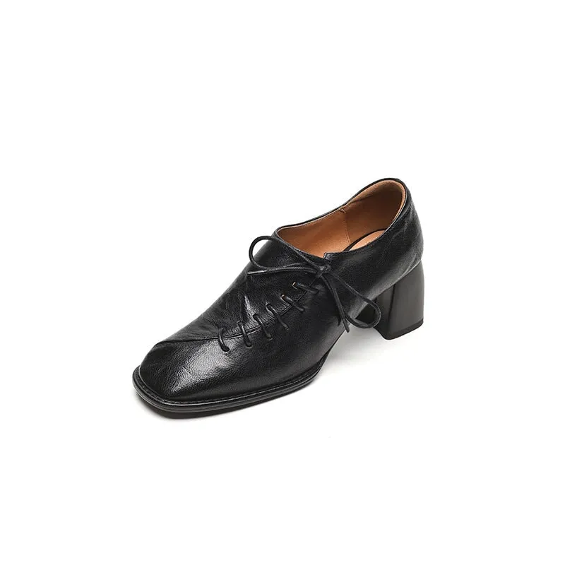 Chinos With Oxfords Slouchy Style Sheepskin Square Toe Oxford Tie Shoes For Women in Black/Coffee