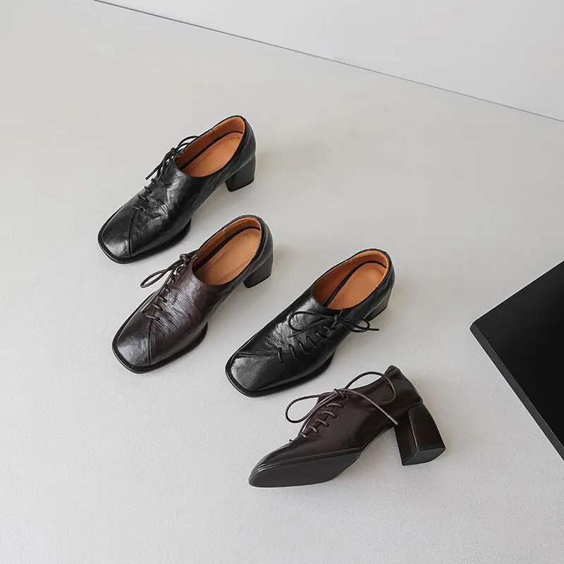 Oxford Shoes Comfortable Slouchy Style Sheepskin Square Toe Oxford Tie Shoes For Women in Black/Coffee