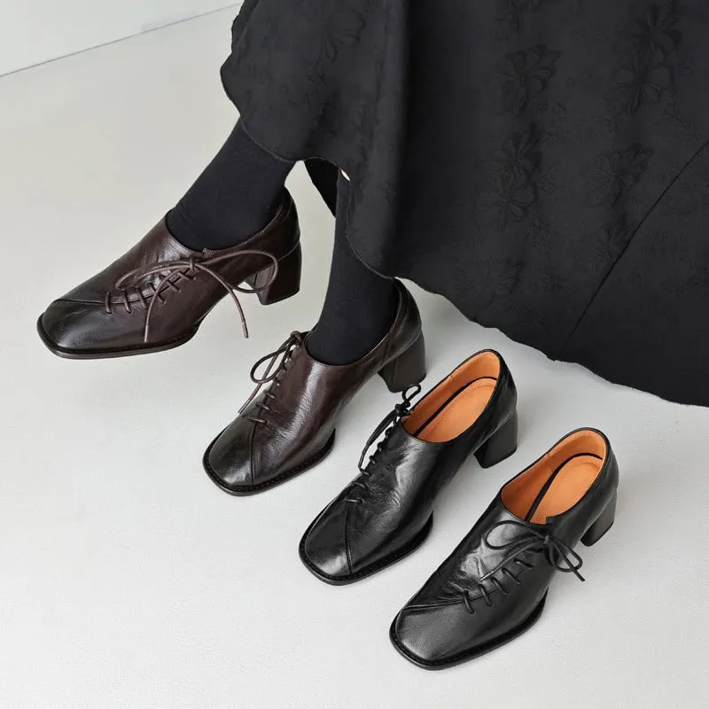 Slouchy Style Sheepskin Square Toe Oxford Tie Shoes For Women in Black/Coffee Air Oxfords