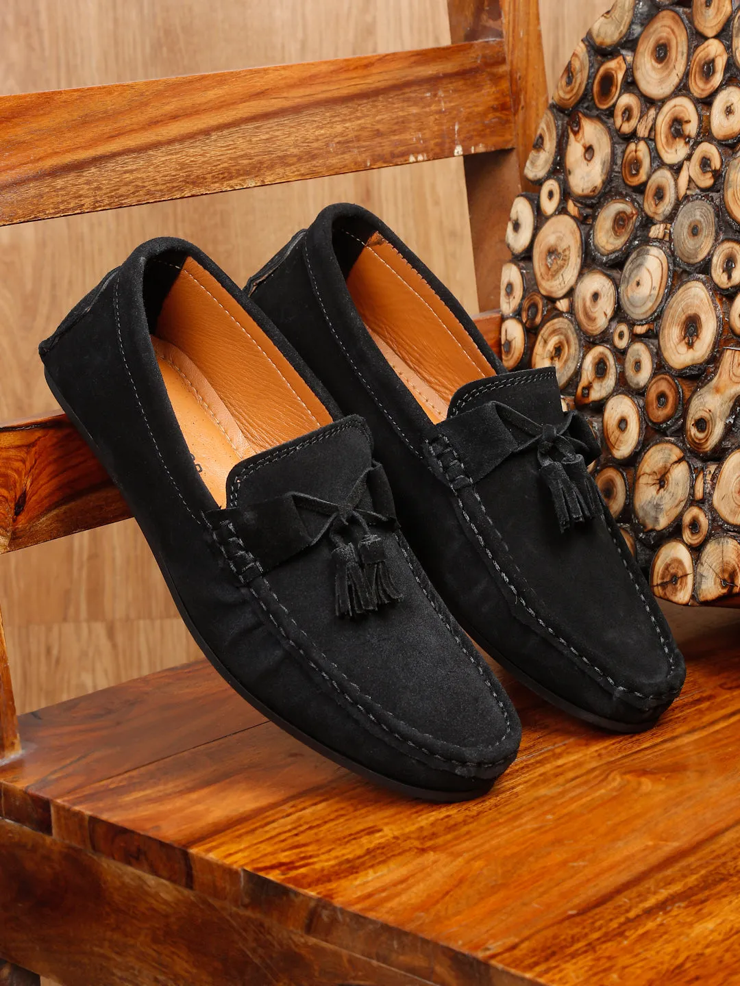 Chunky Lace Up Loafers Teakwood Leather Men Solid Round-Toe Black Loafer