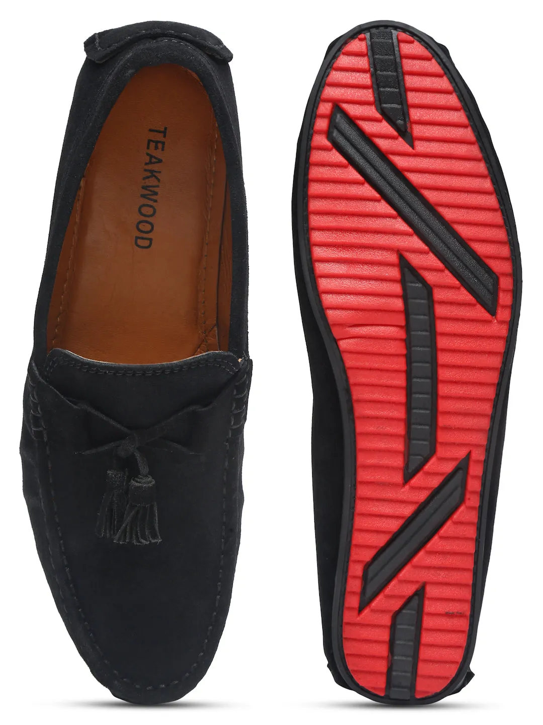 Teakwood Leather Men Solid Round-Toe Black Loafer Tassel Suede Loafers