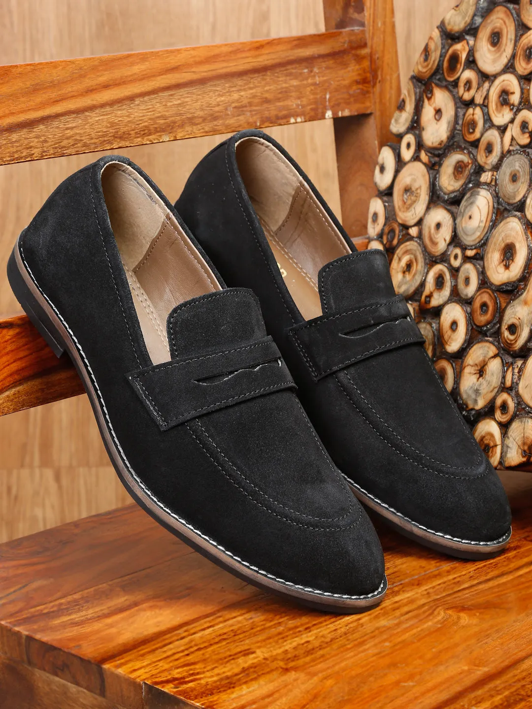 Dv Loafers Teakwood Leather Men Solid Round-Toe Black Loafers