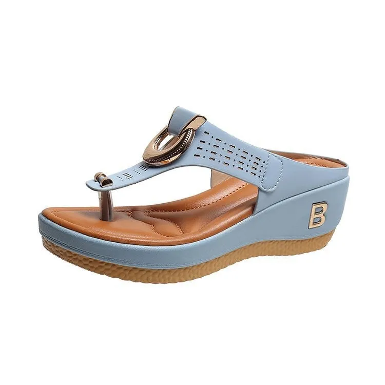 Regular Flip Flops Thong Sandals Women High Heel Wedges Shoes Flip Flops Metal Decorative Slides Slippers