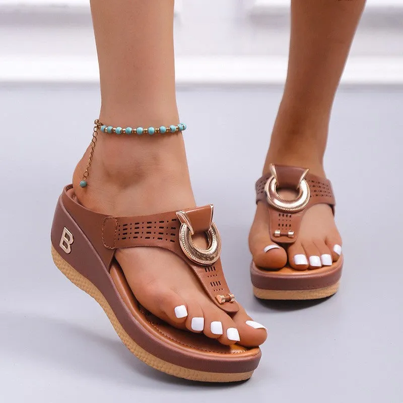Thong Sandals Women High Heel Wedges Shoes Flip Flops Metal Decorative Slides Slippers Get Smell Out Of Flip Flops