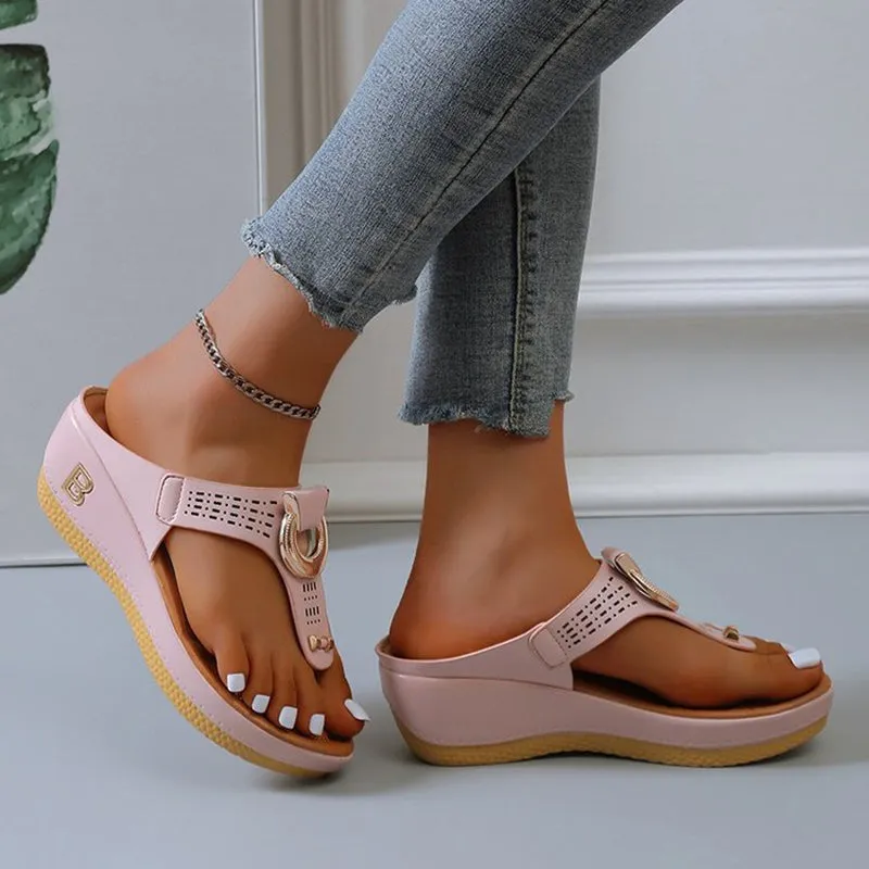Platform Flip Flop Sandals Thong Sandals Women High Heel Wedges Shoes Flip Flops Metal Decorative Slides Slippers