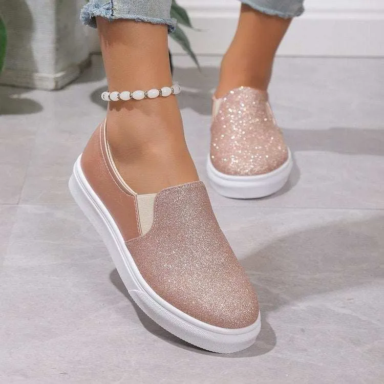Round Toe Flat Shoes With Sequined Loafers Walking Shoes Women Fall Loafers 2024