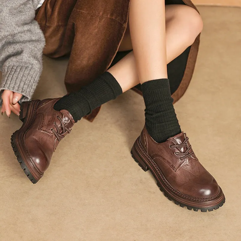 Horse Leather Chunky Oxfords for Women in Brown/Black Two Tone Oxfords