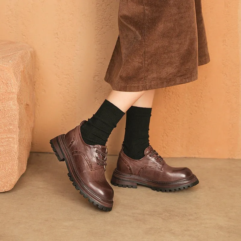 Horse Leather Chunky Oxfords for Women in Brown/Black Glacier Oxfords