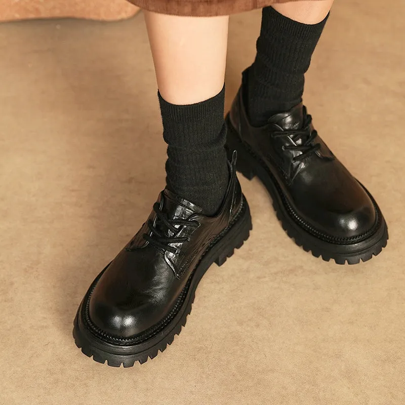 Horse Leather Chunky Oxfords for Women in Brown/Black Tone Oxfords