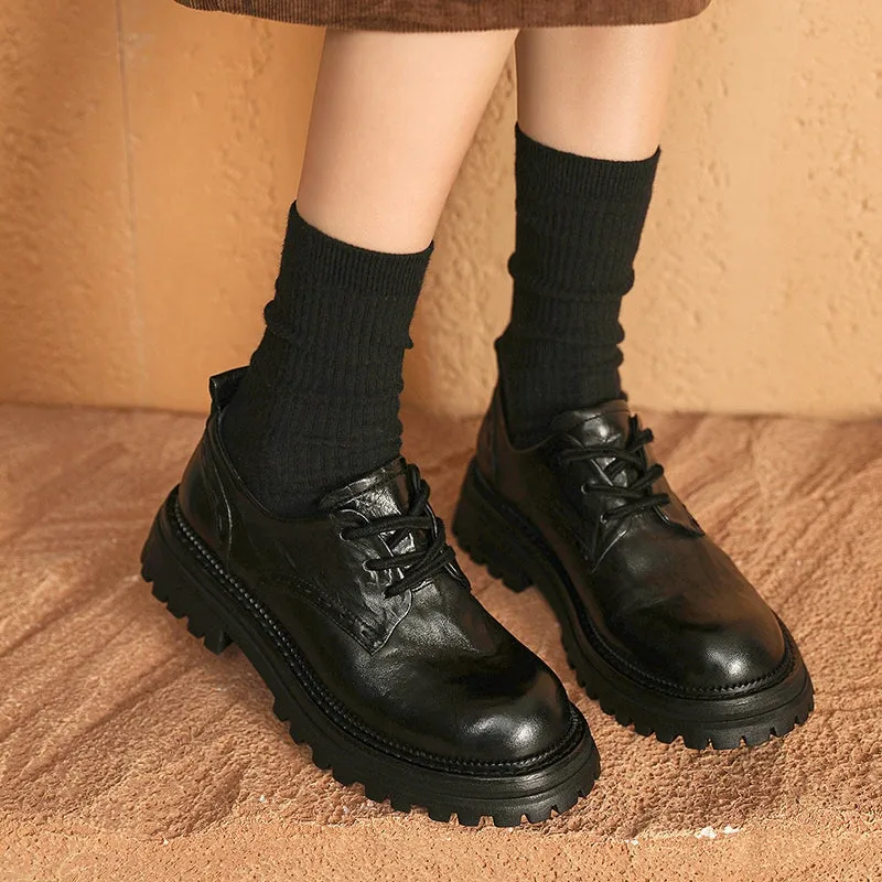 Horse Leather Chunky Oxfords for Women in Brown/Black Shoes Comfortable