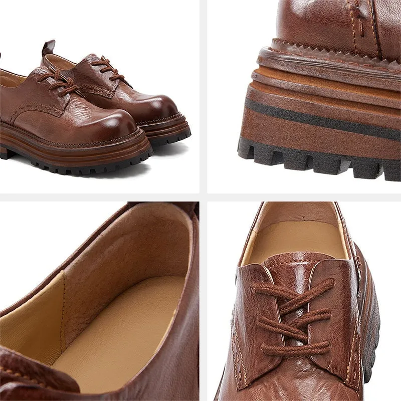 Flat Sole Oxfords Horse Leather Chunky Oxfords for Women in Brown/Black