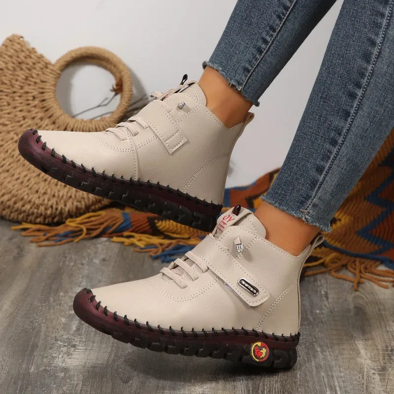 Sneakers Women Shoes Platform Loafers Lace Up Leather Flat Slip On New Spring Casual Mom Shoes Hand Stitched Winter Bare Boots Loafers Wash
