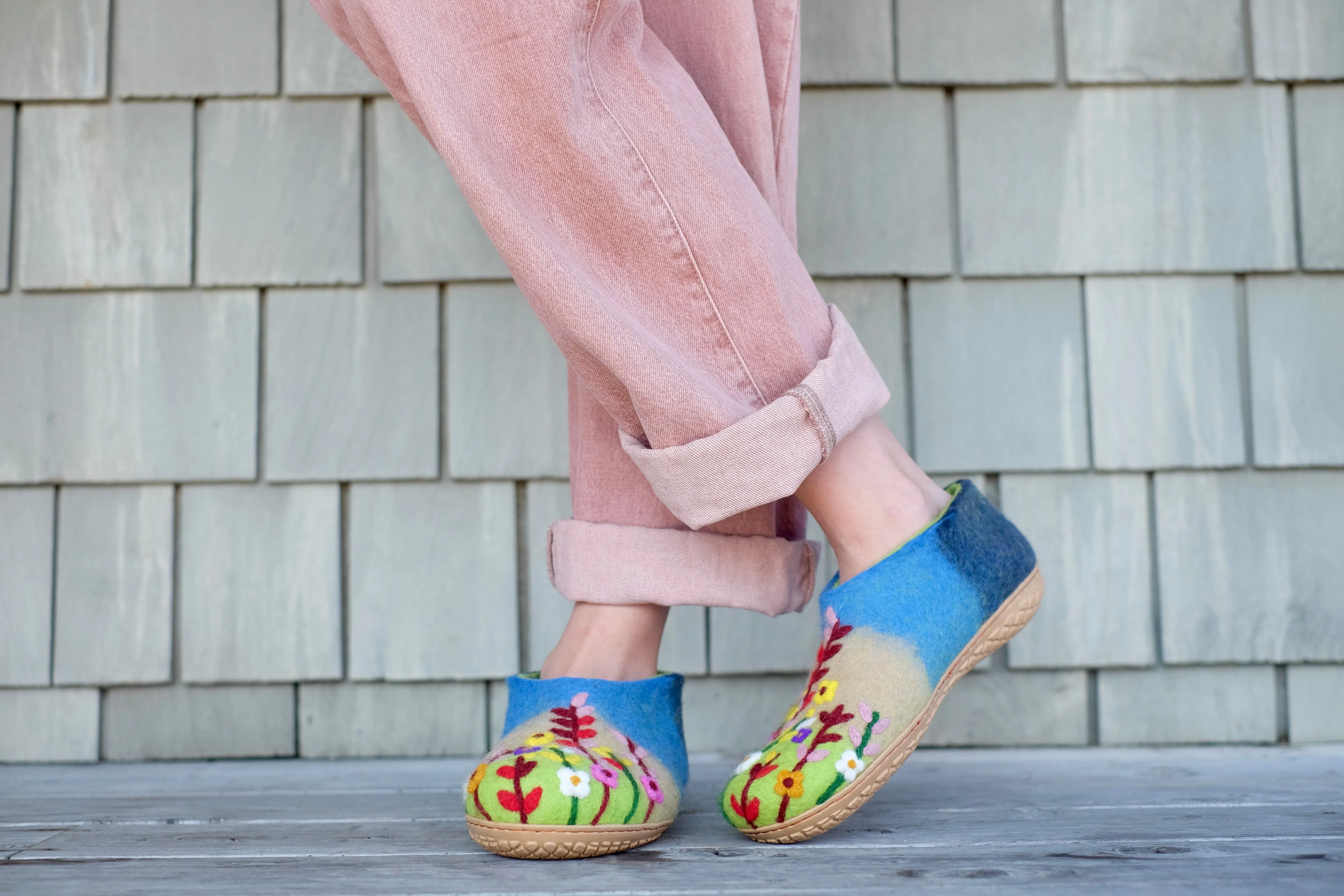 Wildflower Organic Merino Wool Slippers | Eco-Friendly Floral Design, Rubber or Leather Sole, Cozy Comfort Luxury Women Gift, Flower Garden Hello Slippers Marshalls