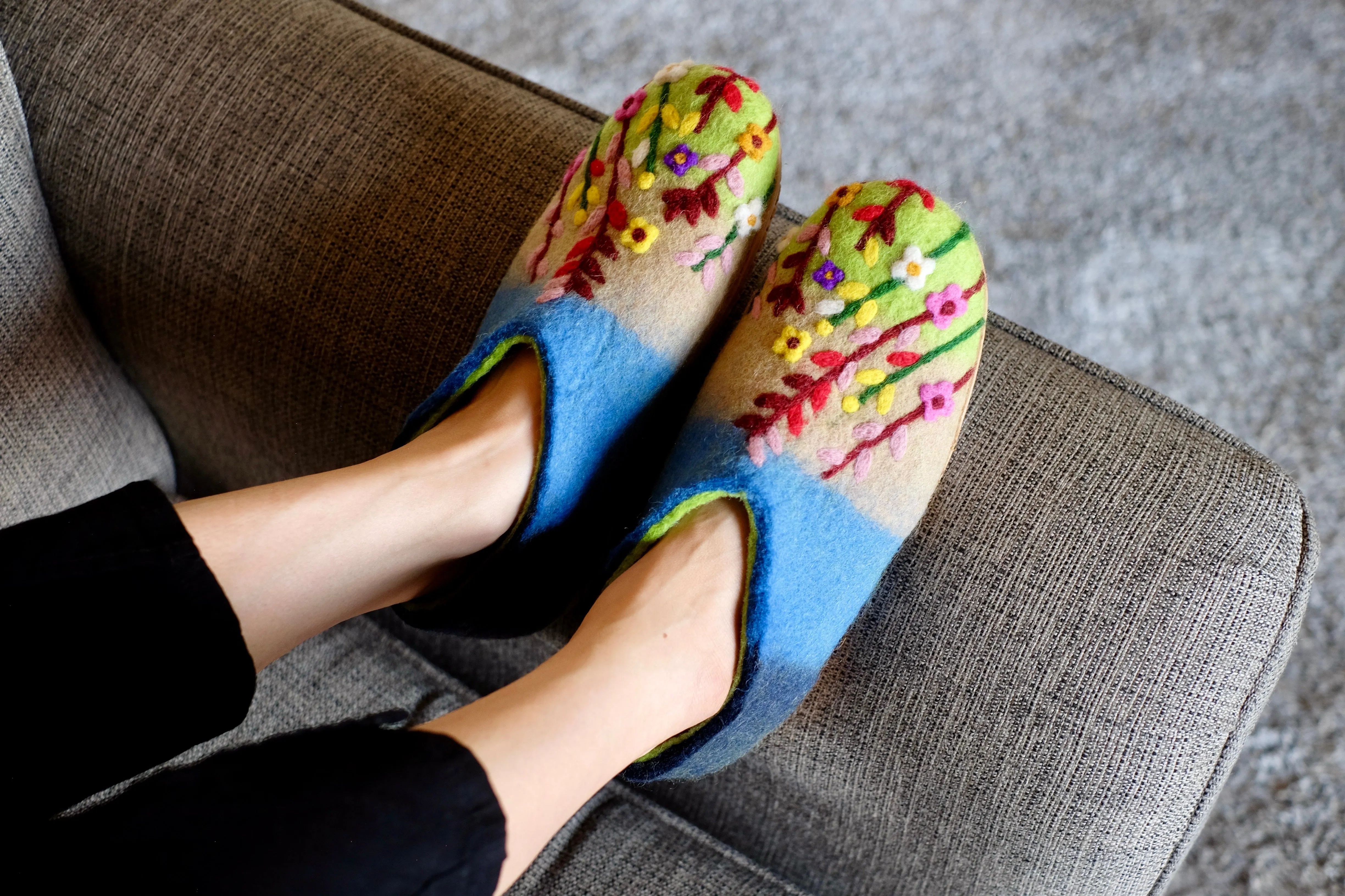 Wildflower Organic Merino Wool Slippers | Eco-Friendly Floral Design, Rubber or Leather Sole, Cozy Comfort Luxury Women Gift, Flower Garden Eberjey Slippers