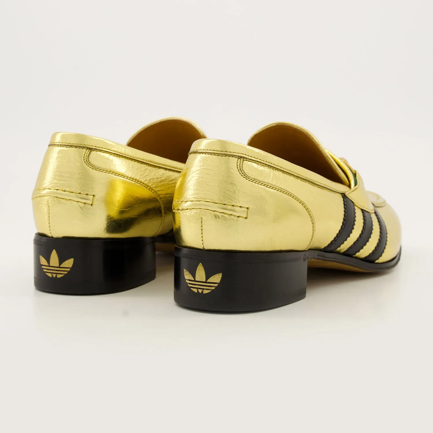 GUCCI X ADIDAS  Gold & Black Leather Quentin Snaffle Loafers Adidas Box Shoe